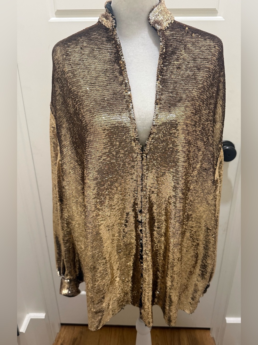 Iro. Sequin Stand Collar Dolman Sleeve Blouse. Gold. Size 18W.